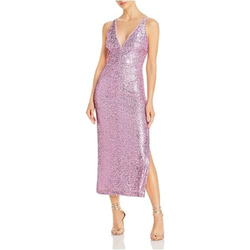 Womens-Purple-Side-Slit-V-Neck-Midi-Cocktail-Sheath-Dress